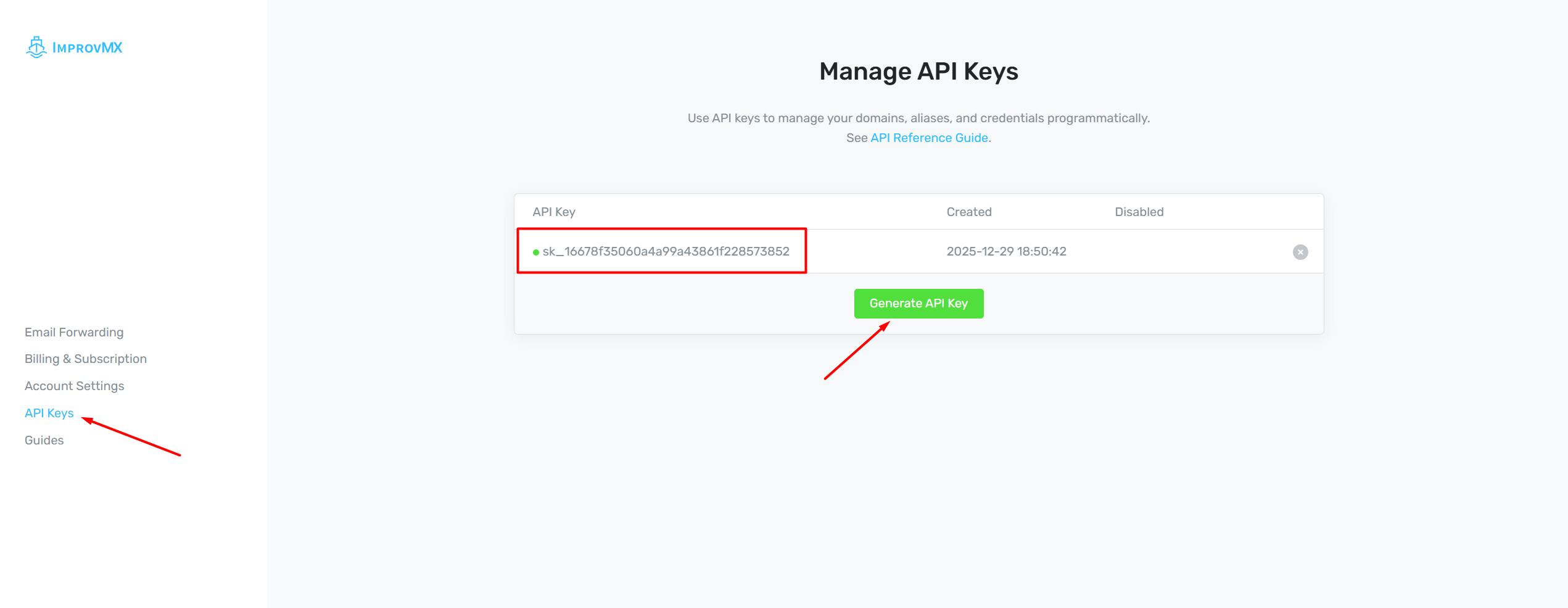 ImprovMX API key location