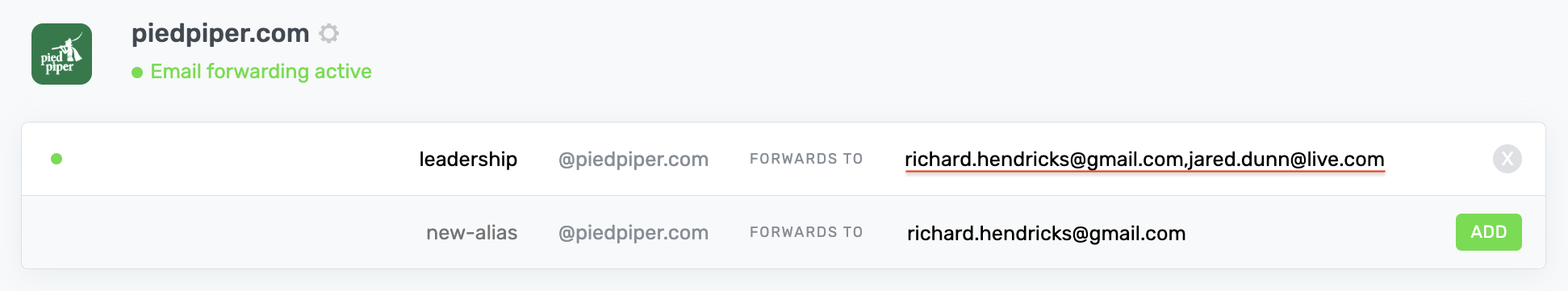 Multiple email recipients configuration interface