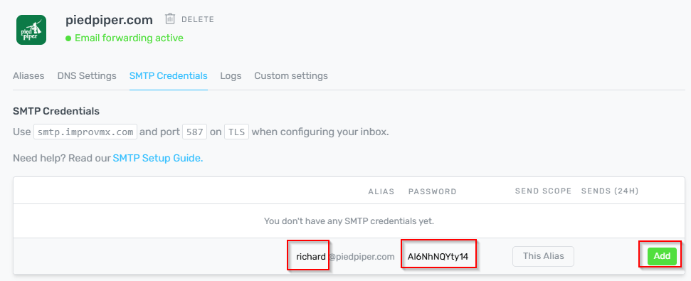 SMTP credentials form with username and password fields